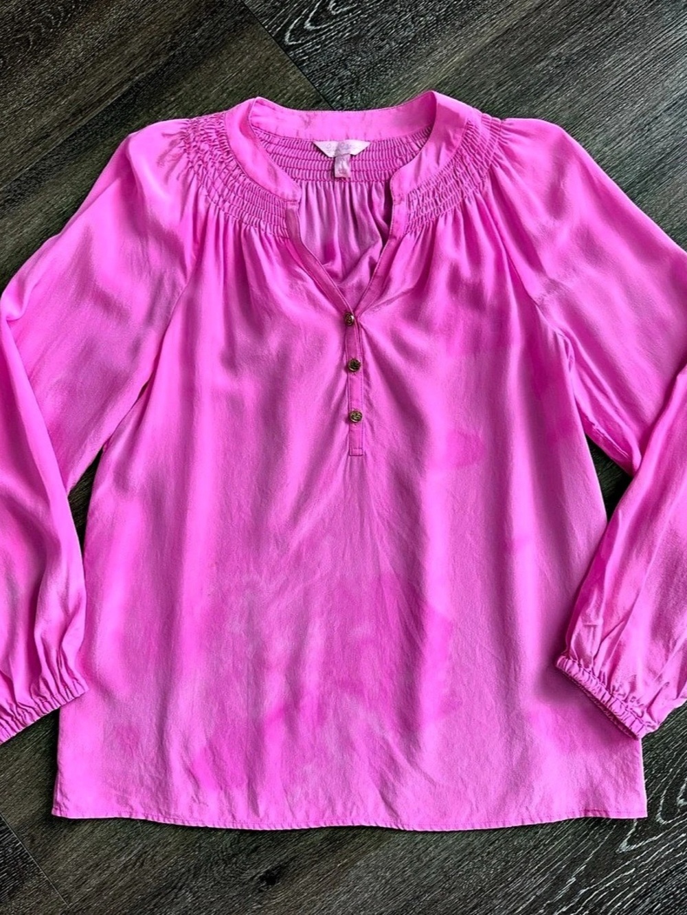 Lilly Pulitzer 100% Silk Bright Pink Smocked Blouse – Size XS